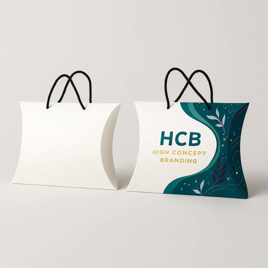 White pillow box and decorative box with black rope handles for gifting- class=